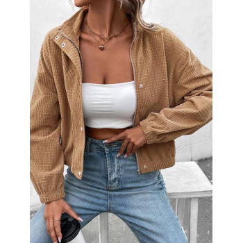 Women's Daily Casual Solid Color Corduroy Zip Up Button Up Drop Shoulder Stand Collar Jacket M Coffee