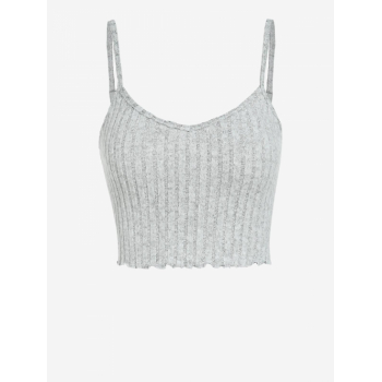 Women Tank Tops ZAFUL Women's Adjustable Spaghetti Strap V Neck Ribbed Lettuce Hem Knitted Crop Tank Top L Light gray