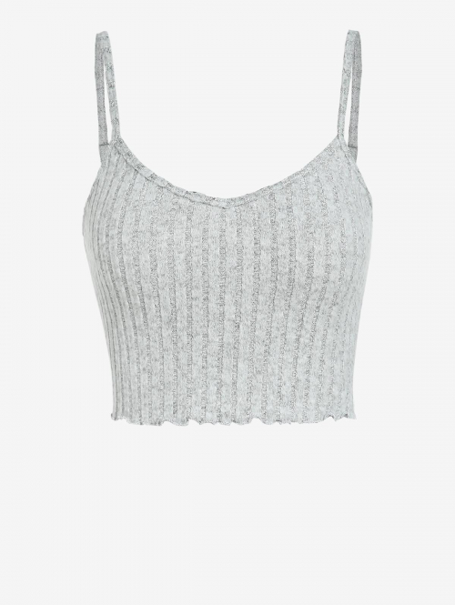 Women Tank Tops ZAFUL Women's Adjustable Spaghetti Strap V Neck Ribbed Lettuce Hem Knitted Crop Tank Top L Light gray