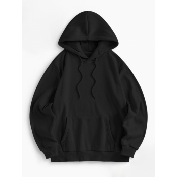 Women Hoodies Women's Casual Basic Plain Solid Color Thermal Lined Front Pocket Drawstring Drop Shoulder Loose Pullover Hoodie L Black