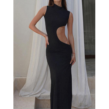 Bodycon Dress Women's Sexy Club Mock Neck Sleeveless Cut Out Side Solid Color Maxi Sheath Dress M Black