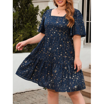 Women Dress Women's Plus Size Star Graphic Foil Square Collar Cocktail Party Mini Dress 1xl Blue