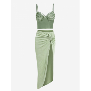 Satin Smocked Ruched Cupped Crop Camisole and Knotted Thigh High Slit Asymmetric Midi Skirt Set Light green