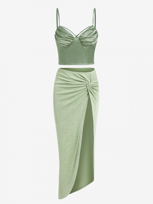 Satin Smocked Ruched Cupped Crop Camisole and Knotted Thigh High Slit Asymmetric Midi Skirt Set Light green