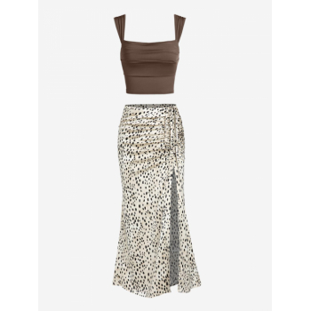 Women's Ruched Slim Square Neck Straps Tank Top Animal Leopard Cinched Ruched High Slit Mermaid Midi Skirt Mix and Match Two Piece Dress Deep coffee