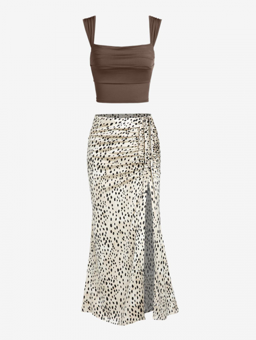 Women's Ruched Slim Square Neck Straps Tank Top Animal Leopard Cinched Ruched High Slit Mermaid Midi Skirt Mix and Match Two Piece Dress Deep coffee