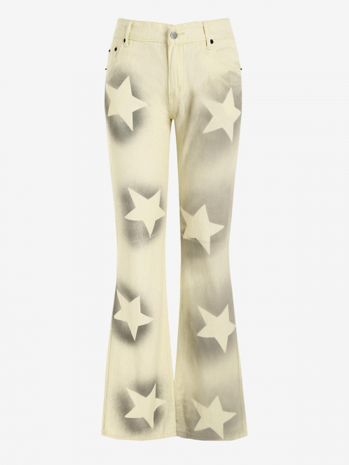 Streetwear Y2K Aesthetic Star Printed Low Rise Straight Jeans S Light yellow