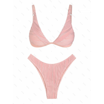 ZAFUL Triangle Jacquard Wave Textured Cheeky High Cut Swimwear Bikini Set L Light pink