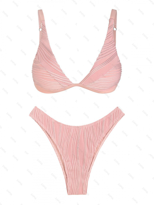 ZAFUL Triangle Jacquard Wave Textured Cheeky High Cut Swimwear Bikini Set L Light pink