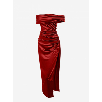 Bodycon Dress Women's Elegant Party Wedding Guest Off Shoulder Foldover Ruched Backless Sleeveless Solid Color High Slit Slinky Maxi Dress S Red