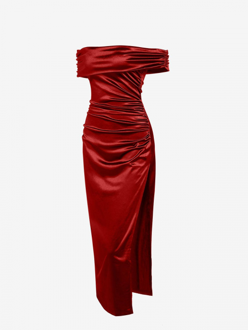 Bodycon Dress Women's Elegant Party Wedding Guest Off Shoulder Foldover Ruched Backless Sleeveless Solid Color High Slit Slinky Maxi Dress S Red