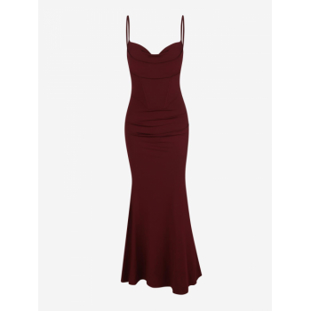 Bodycon Dress Women's Elegant Party Going Out Backless Pleated Solid Color Spaghetti Strap Maxi Slinky Cami Mermaid Dress L Deep red