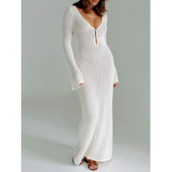 Casual Women's Daily Vacation Solid Color Open Knit Metal Decor Cut Out Open Back Long Sleeve V Neck Slinky Maxi Dress M White