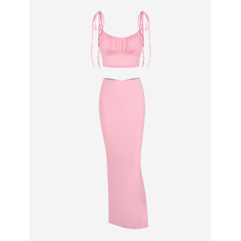 Women's Sexy Tie Shoulder Spaghetti Strap Backless Ruched Crop Tank Top Slinky Midi Long Skirt Solid Color Two Piece Dress L Light pink