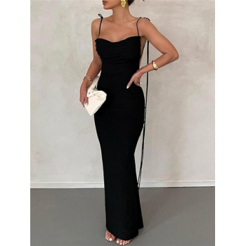 Maxi Women's Elegant Party Evening Multiway Solid Color Drawstring Tie Backless Ruched Maxi Mermaid Vegas Dress L Black