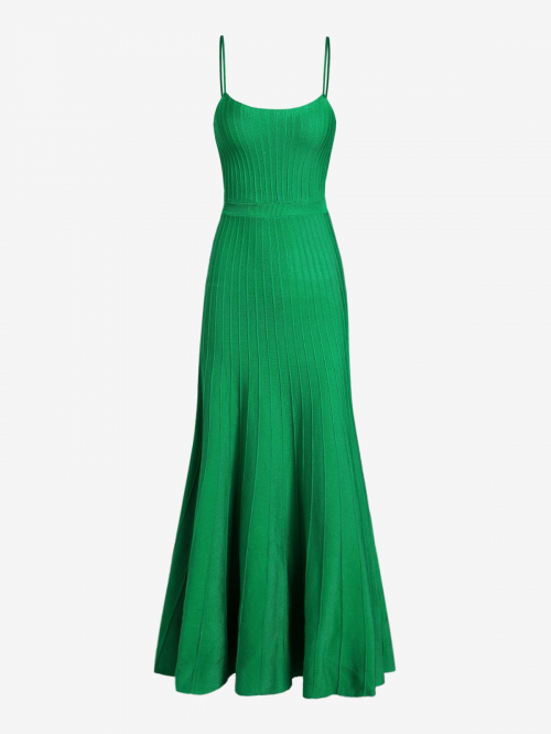 Women Women's Daily Casual Knitted Solid Color Nonadjustable Spaghetti Strap Empire Waist A Line Maxi Dress M Green