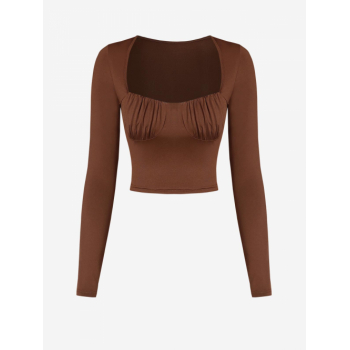 Fashion Women Tees ZAFUL Women's Daily Basic Solid Color U Neck Ruched Cups Long Sleeves Slim Crop T Shirt S Deep coffee