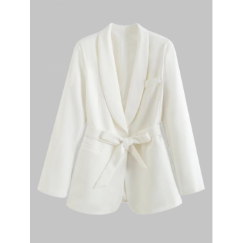 Women Blazers Women's Fashion Office Shawl Collar Belted One Button Pocket Shoulder Padded Solid Color Blazer M White