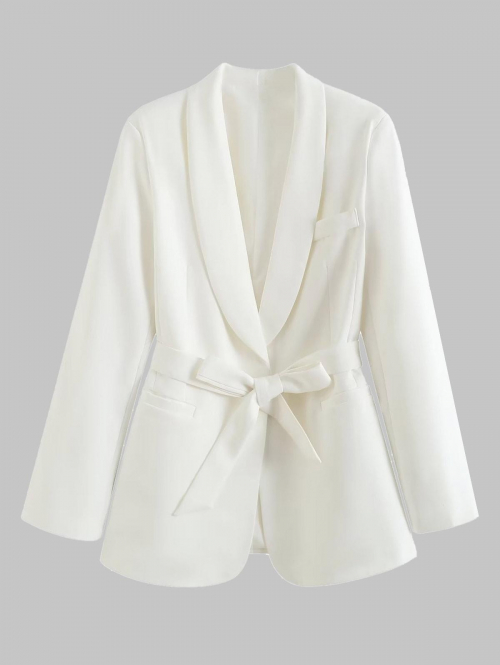 Women Blazers Women's Fashion Office Shawl Collar Belted One Button Pocket Shoulder Padded Solid Color Blazer M White