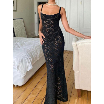 Bodycon Dress Women's Sexy Going Out Spaghetti Strap Backless Sheer See Through Lace Floral Back Slit Slinky Maxi Long Dress M Black