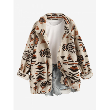 Women's Daily Vintage Ethnic Style Tribal Geo Aztec Printed Fluffy Fuzzy Textured Zip Up Dual Pocket Loose Teddy Jacket L Light coffee