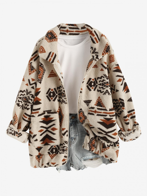 Women's Daily Vintage Ethnic Style Tribal Geo Aztec Printed Fluffy Fuzzy Textured Zip Up Dual Pocket Loose Teddy Jacket L Light coffee