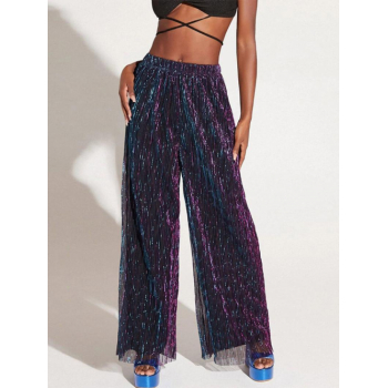 Women's Club Night Out Shine Shimmery Sparkly Glitter Mesh Overlay Lined Plisse Pleated Pull On Wide Leg Pants M Purple