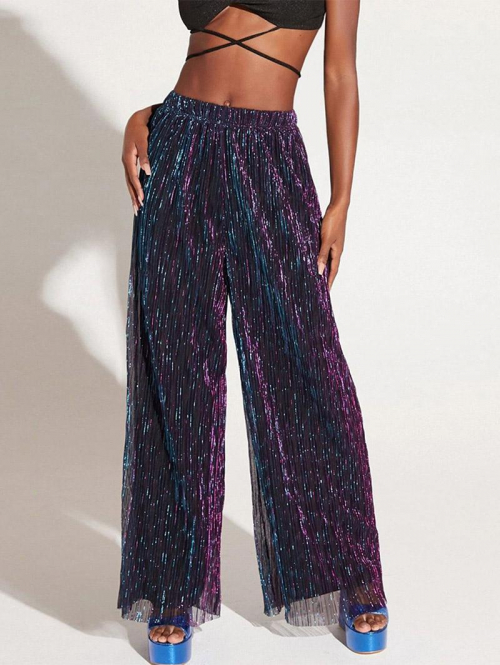 Women's Club Night Out Shine Shimmery Sparkly Glitter Mesh Overlay Lined Plisse Pleated Pull On Wide Leg Pants M Purple