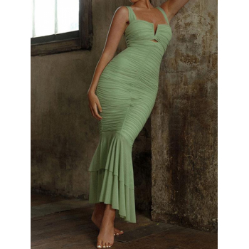 Bodycon Dress Women's Elegant Going Out V Notch Cut Out Pleated Flounce Sheer Mesh Spliced Backless Solid Color Mermaid Slinky Maxi Long Dress M Light