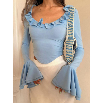 Fashion Women Tees Women's Sexy Scoop Neck Ruffle Curved Hem Tie Hem Extra Long Layered Flare Sleeve Solid Color Crop Slim T Shirt M Light blue