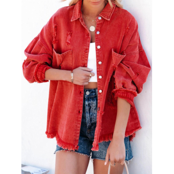 Women's Daily Vintage Streetwear Frayed Destroyed Ripped Distressed Pockets Loose Button Up Colored Denim Shirt Jacket Shacket L Red