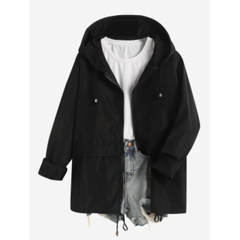 Women's Casual Outdoor Zip Up Solid Color Pocket Drawstring Windbreaker Hooded Jacket M Black