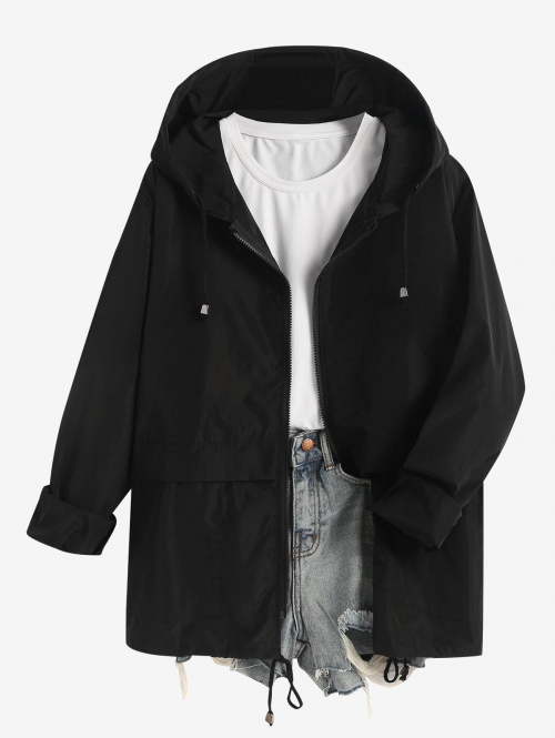 Women's Casual Outdoor Zip Up Solid Color Pocket Drawstring Windbreaker Hooded Jacket M Black