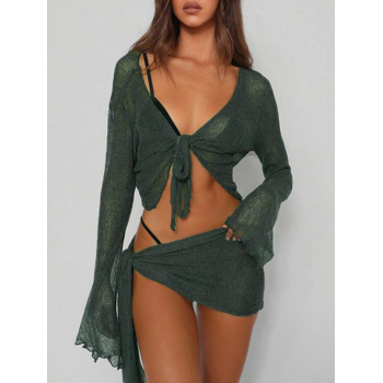 Women's Sexy Two Piece Dress Semi-sheer Jersey Tied Front Flare Sleeve Cropped Top and Sarong-style Skirt Set M Deep green