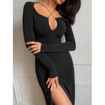 Bodycon Dress Women's Sexy Going Out Criss Cross Plunge Design Long Sleeve Solid Color Thigh High Split Midi Bodycon Dress S Black