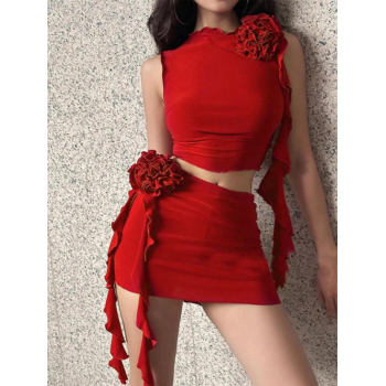 Women's Sexy Rosette Design Ruffle Mini Bodycon Two Piece Dress Skirt Set L Red