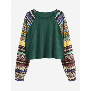 Fashion Women Tees ZAFUL Women's Round Neck Raglan Sleeve Ethnic Style Aztec Tribal Geo Printed Spliced Ribbed Knit Panel Pullover T-shirt M Deep gree