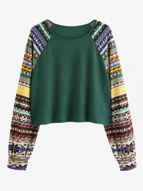 Fashion Women Tees ZAFUL Women's Round Neck Raglan Sleeve Ethnic Style Aztec Tribal Geo Printed Spliced Ribbed Knit Panel Pullover T-shirt M Deep gree