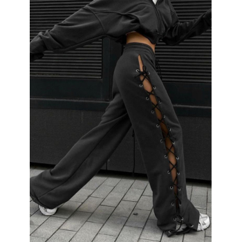 Women's Casual Streetwear High Slit Side Lace Up High Waist Solid Color Wide Leg Pants L Black