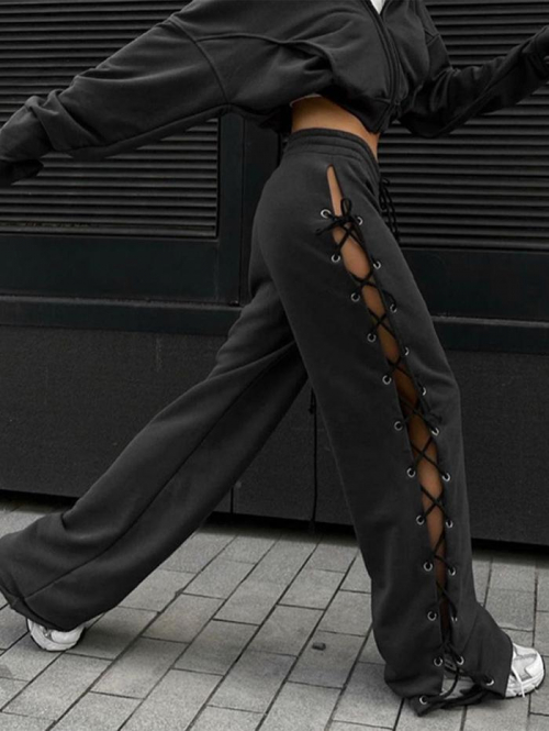 Women's Casual Streetwear High Slit Side Lace Up High Waist Solid Color Wide Leg Pants L Black