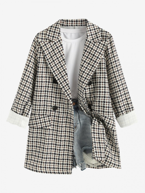 Women Blazers Women's Lapel Collar Mock Pocket Design Houndstooth Print Double-breasted Blazer L Multi a