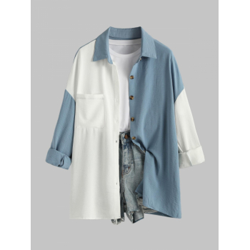 Women's Wrinkle Textured Turn Down Collar Pocket Design Two Tone Colorblock Long Sleeves Drop Shoulder Shirt L Light blue