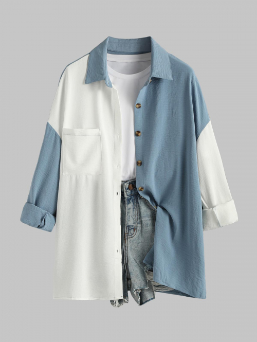 Women's Wrinkle Textured Turn Down Collar Pocket Design Two Tone Colorblock Long Sleeves Drop Shoulder Shirt L Light blue