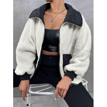 Women's Streetwear Zip Up Toggle Drawstring Pocket Drop Shoulder Lined Fluffy Faux Fur Spliced Teddy Jacket L White