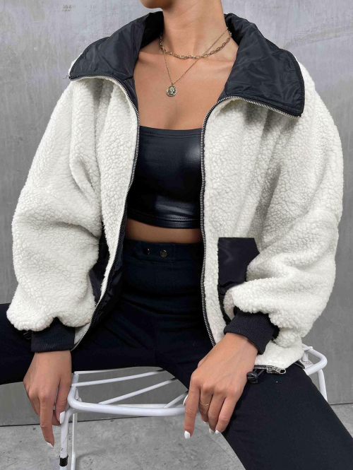 Women's Streetwear Zip Up Toggle Drawstring Pocket Drop Shoulder Lined Fluffy Faux Fur Spliced Teddy Jacket L White