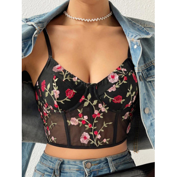 Women Tank Tops Women's Sexy Floral Embroidery Spaghetti Strap Sheer See Through Mesh Spliced Underwire Fishbone Hook and Eye Corset Style Crop Tank T