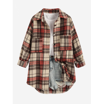 Women's Daily Vintage Style Plaid Front Pockets Wool Blend Shirt Jacket Shacket L Coffee