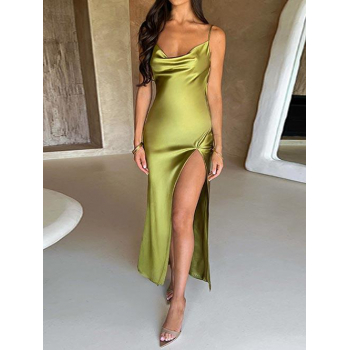 Mini Dress Women's Sexy Elegant Prom Evening Gown Solid Color Silky Satin Thigh High Slit Cowl Front Backless Spaghetti Strap Cami Column Maxi Dress S