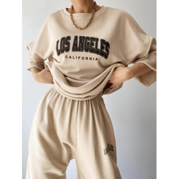 Women's Casual Streetwear LOS ANGELES CALIFORNIA Drop Shoulder Roll Hem Boxy 3/4 Length Sleeves Sweatshirt Elastic High Waist Jogger Sweatpants Two Pi