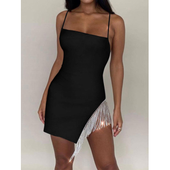 Bodycon Dress Women's Sexy Rhinestones Fringed Design Spaghetti Strap Party Cocktail Cami Mini Dress M Black